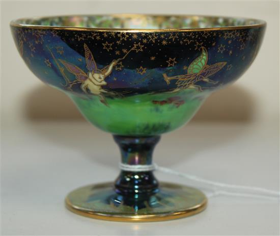 A Wedgwood Fairyland lustre Leap Frogging Elves pedestal bowl, designed by Daisy Makeig-Jones, height 3.2in.